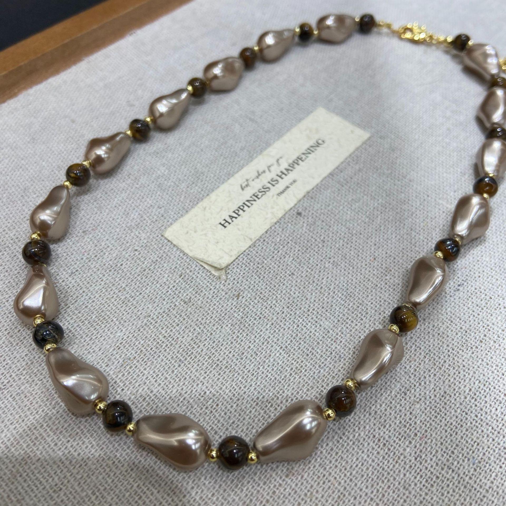 

Retro Personalized Artificial Baroque Tiger S Eye Stone Necklace Women S Light Luxury High-End Irregular Necklace Sweater Chain