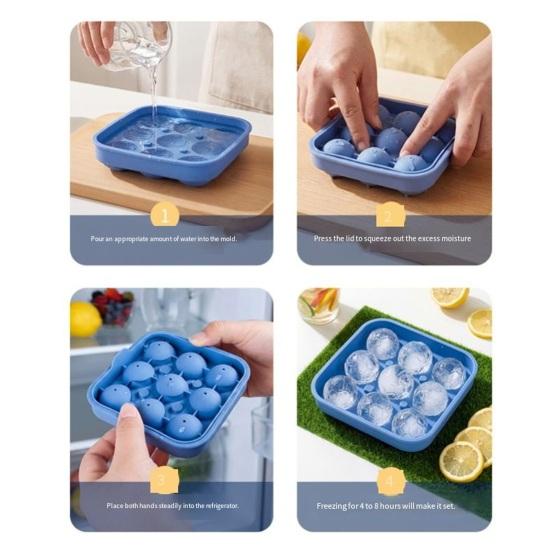 Ice Cube Mold Covered Dust-Proof Silicone Ice Cube Maker with Water-Draining Design 9-Compartment Food-Grade Silicone Football Shape Ice Ball Tray