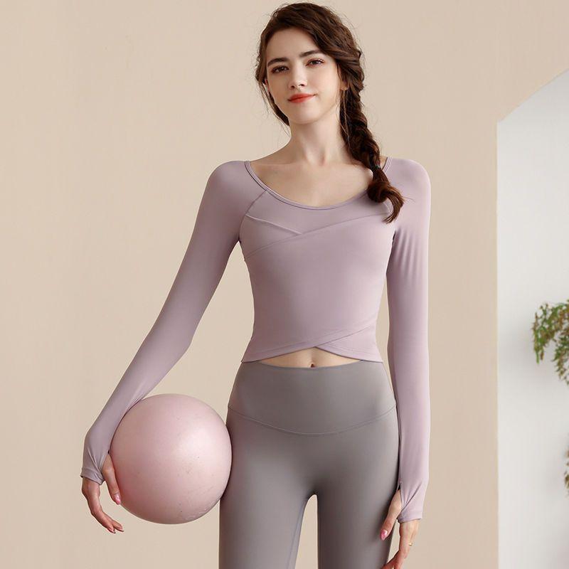 

Clothes with Chest Pad Long Sleeves Tops Women s Spring & Fall New Arrival Running Elastic Training Finger Fit Design Short Show Belly Workout Clothes S866-gray purple S