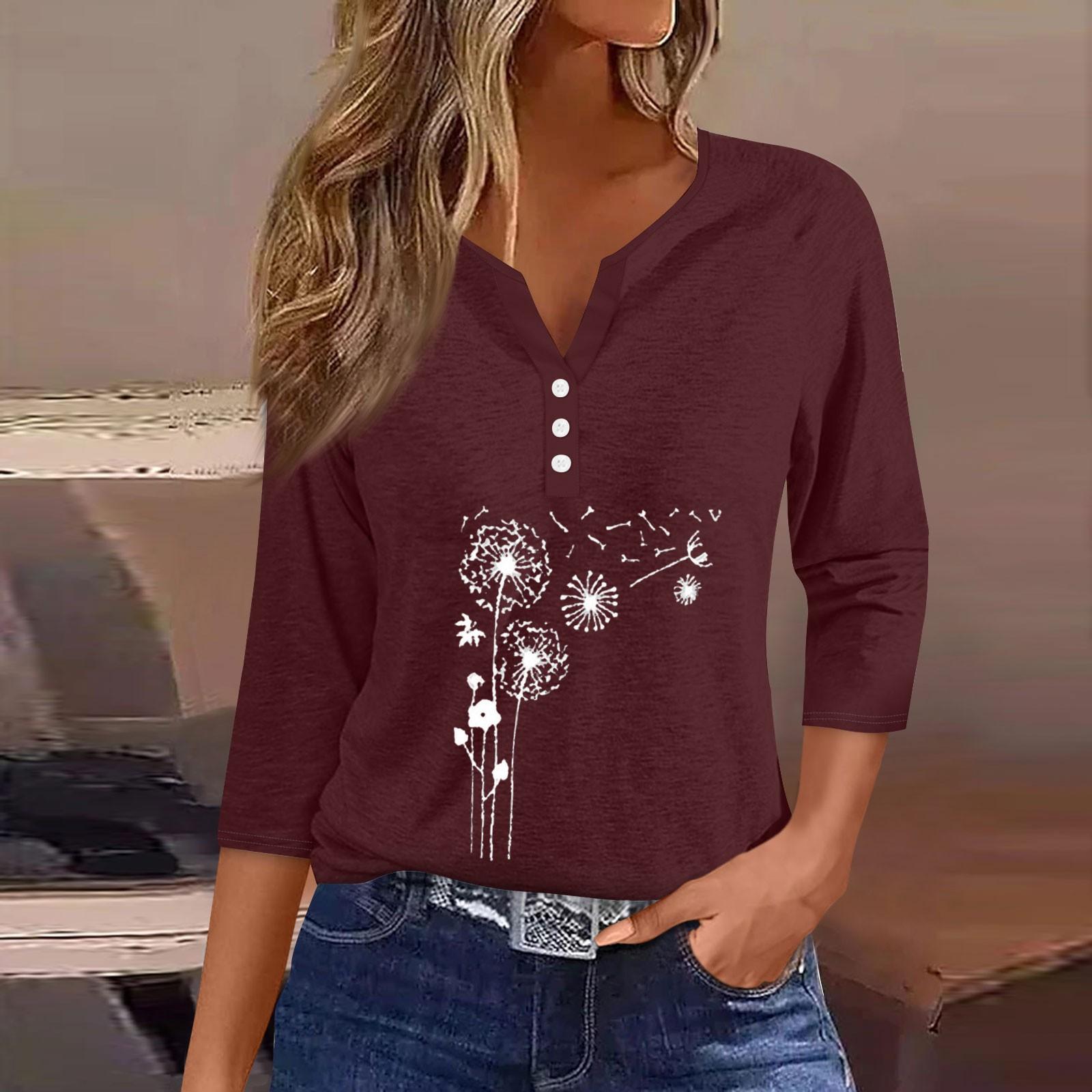 

Жен. Футболка Футболка С принтом Пуговицы Рукав 3/4Ежедневно Выходные Мода Классический Топ с v-образным вырезом Обычный L винный