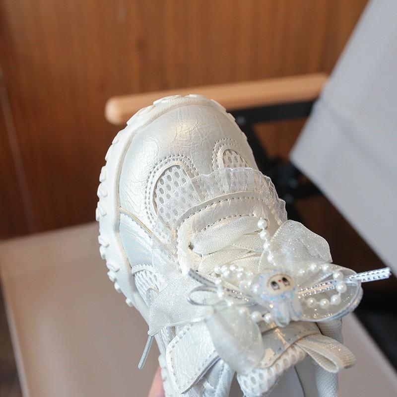Girls Casual Sneakers With Bow Detail Mesh Upper Lightweight Non-Slip Sport Shoes Kids Ages 4-12