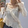 Yousheng Women Tops V-Neck Flared Long Sleeve Slim Fit Tee Shirt Solid Color Ruffle Stitching Tops with Irregular Hem Hole Design T-Shirt