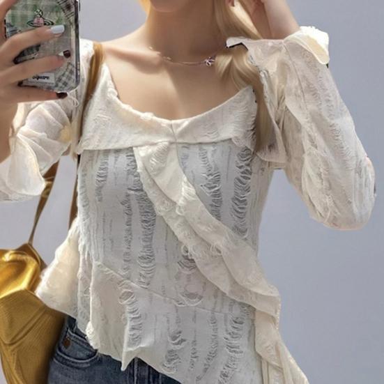 Yousheng Women Tops V-Neck Flared Long Sleeve Slim Fit Tee Shirt Solid Color Ruffle Stitching Tops with Irregular Hem Hole Design T-Shirt