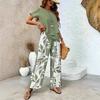 Women's Loose Fit Two Piece Outfit Short Sleeve Top Elastic Waist Leaf Print Wide Leg Pants Matching Set