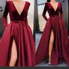 Deep V Long Sleeve Evening Dress for Women with Slit and Large Hem