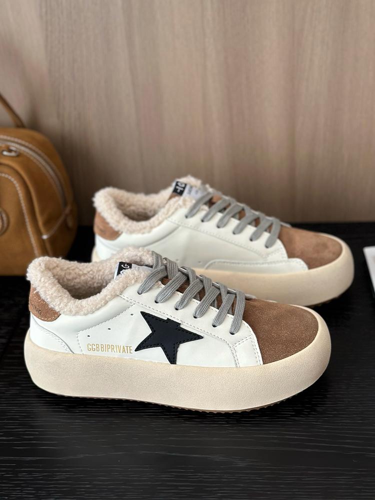Thick-soled Cowhide Winter Velvet Star Shoes Women's New Versatile Sports and Leisure Shoes Warm Little White Shoes Cotton Shoes