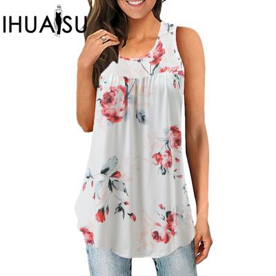 Yaz Kadın Baskı Yuvarlak Yaka Geri Çekme Kolsuz Tank Top Tişört