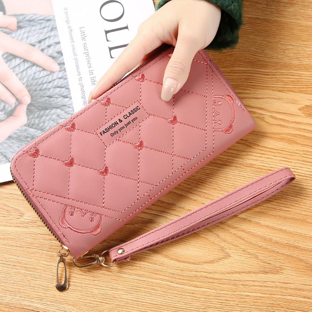 Fashion PU Leather Long Wallet Zipper Large Capacity Coin Purse Embroidery Wristlet Handbag Women