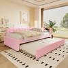 Daybed, 90*200cm, Bed with Slat Frame (without Mattress), with Bedside Lamp, with Multifunctional Pull-out Bed, USB Port, Type-C, Boucle, Pink