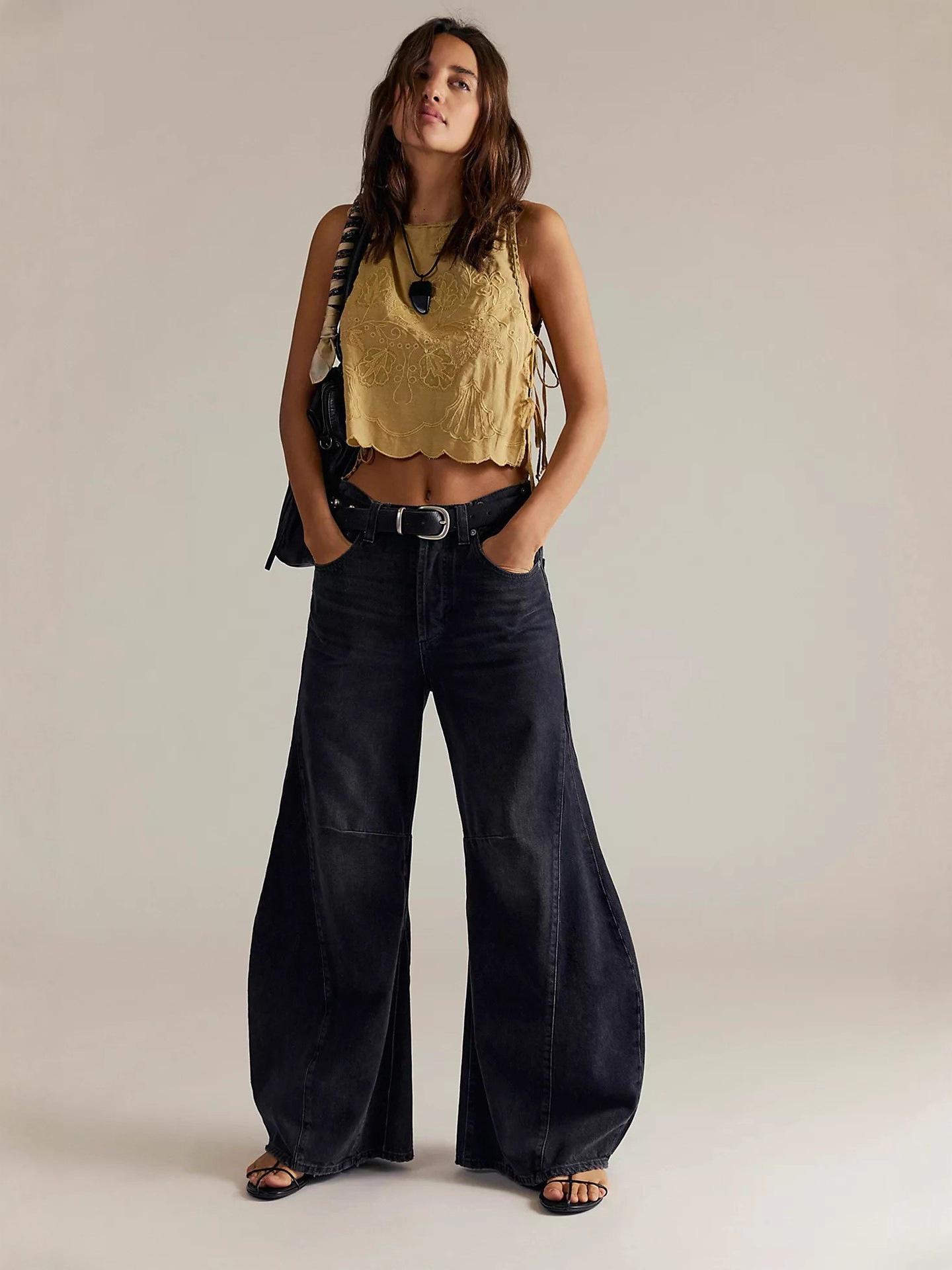 

European & American Retro High-Waisted Wide-Leg Jeans for Women - Early Autumn Loose Long Pants Design Medium чёрный