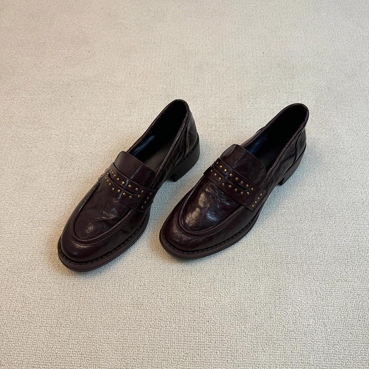 Soft Leather Version~ Versatile Commuting Retro Light Mouth Round Head Thick Heel Loafers Casual One-pedal Small Leather Shoes Women's Single Shoes