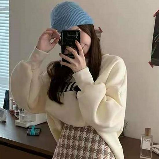 Women's Spring/Summer Petite Fleece Sweatshirt + Woolen A-line Skirt Two-Piece Set