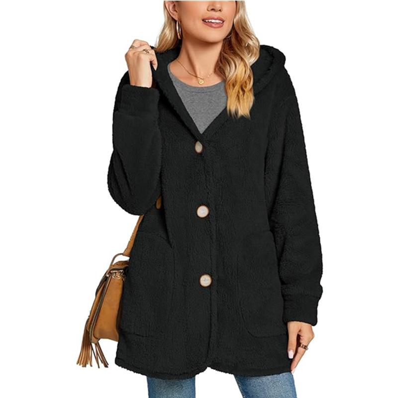 Women's Long Sleeve Button Pocket Casual Plush Hooded Jacket