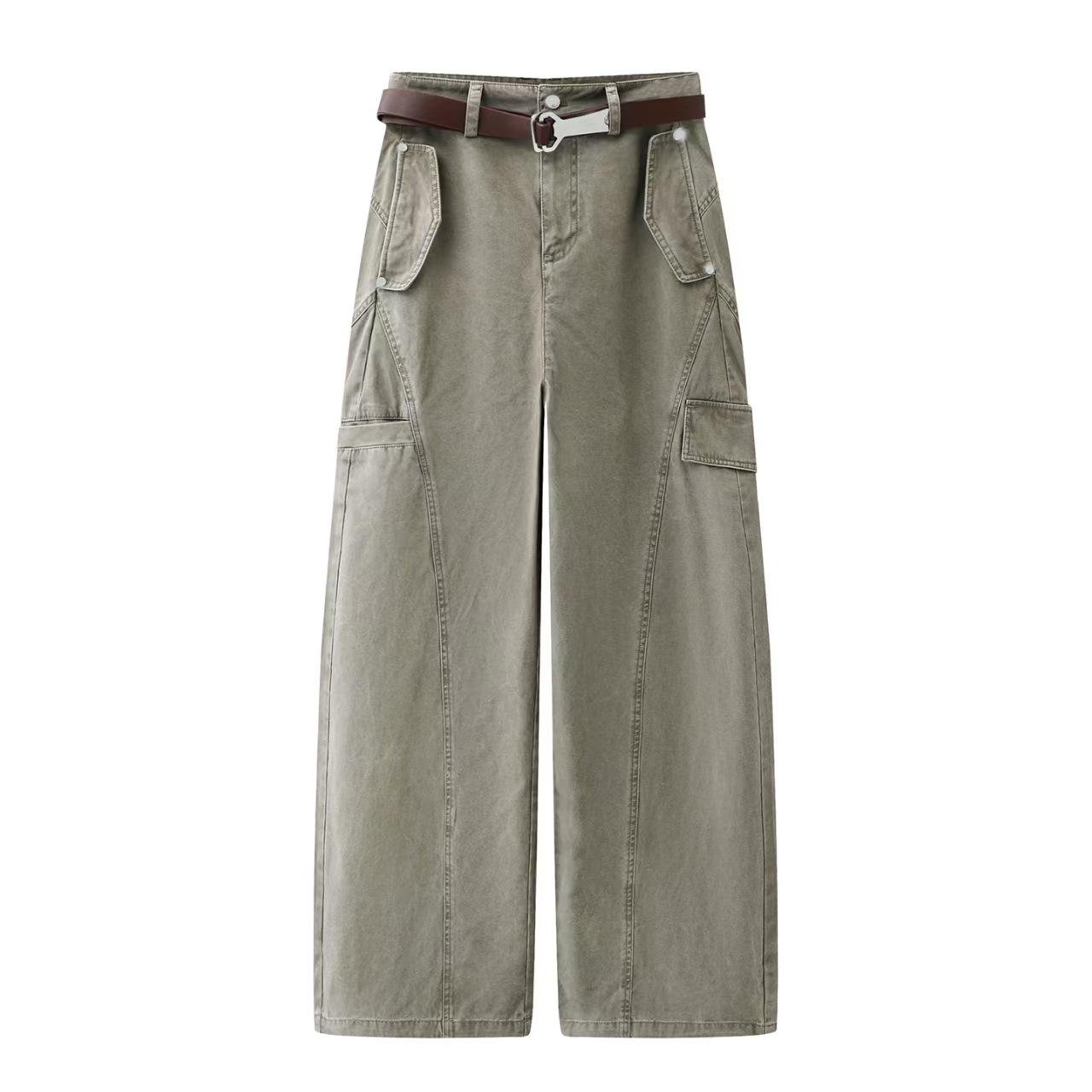 In Stock: 2026 Spring Designer Crooked Leg Workwear Pants with Belt for Women Small армия зеленый