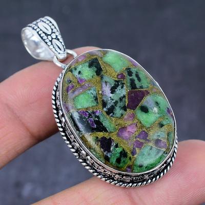 Ruby In Zoisite Gemstone Handmade 925 Sterling Silver Pendant 2.13" N0G39