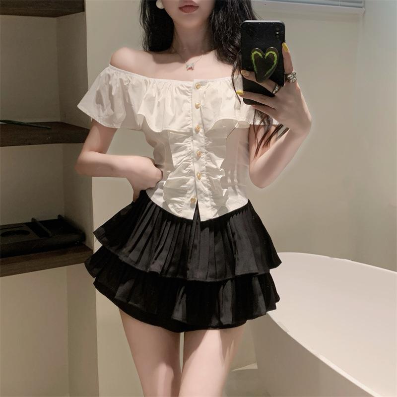 One-word Shoulder Ruffle Edge French Shirt Short-sleeved New Women's Summer Pure Desire Sweet Spice Girl Small Top Chic