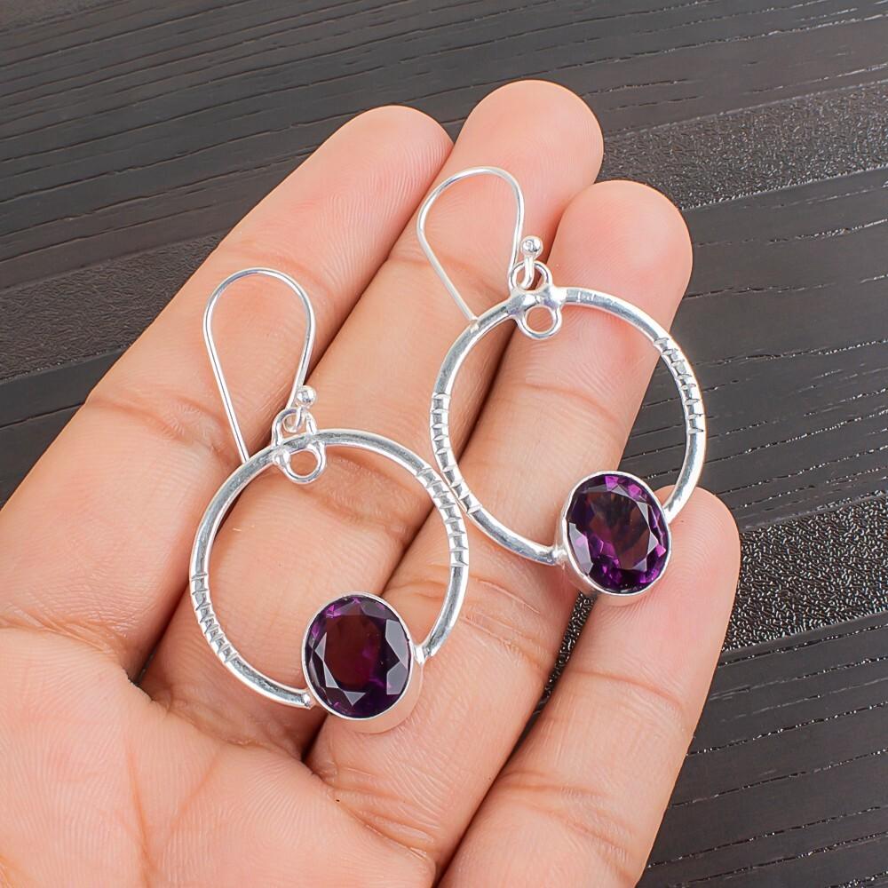 Natural Amethyst Gemstone 925 Sterling Silver Jewelry Handcrafted Earrings 1.37" EE-67-7