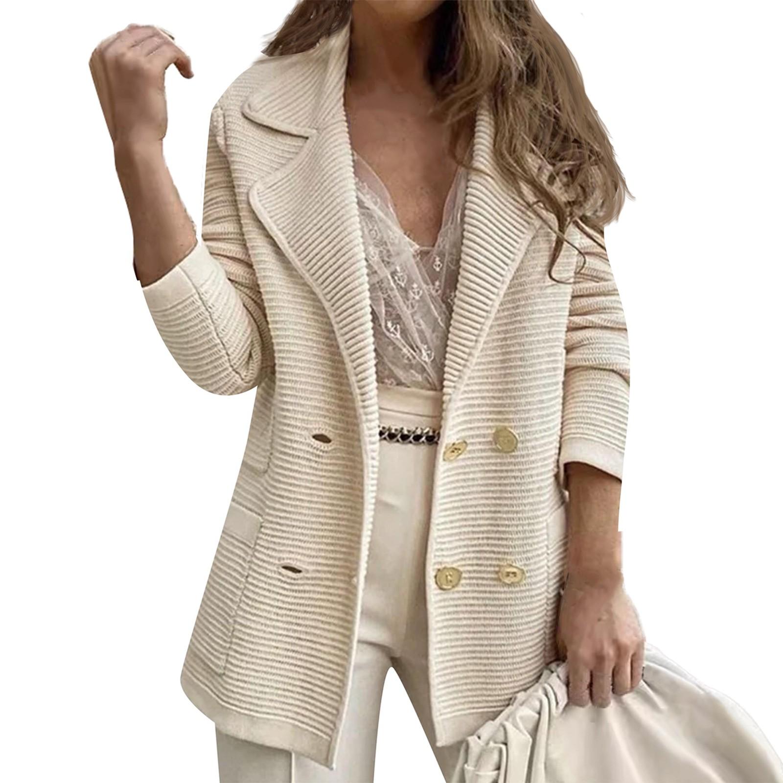 

Женские короткие фактурные деловые повседневные рабочие куртки с пуговицами и лацканами, с открытым передом, с длинным рукавом, осенний наряд L бежевый