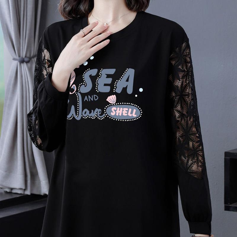 Tops Women's Fall and Winter Lace Hollow Loose Round Neck  Ing Shirt Simple Large Size Pullover Tops