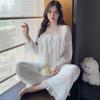 Ling Lei Chunqiu Solid Color Square Neck Lace Lace Sweet Loose Princess Wind Mesh Pajamas Set Loungewear