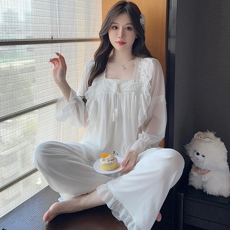 Ling Lei Chunqiu Solid Color Square Neck Lace Lace Sweet Loose Princess Wind Mesh Pajamas Set Loungewear