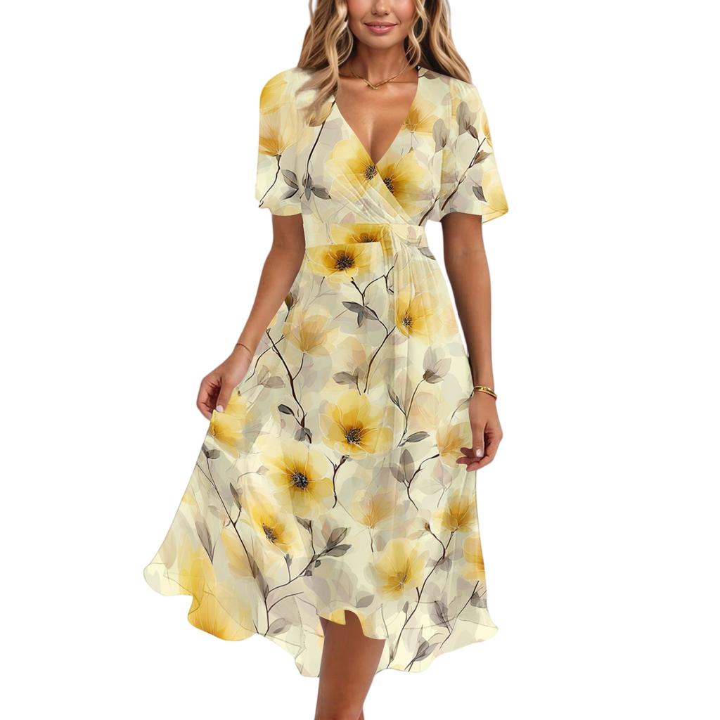 Women's Fashion Casual V Neck Short Sleeve Ruffled Vintage Printed Dresses