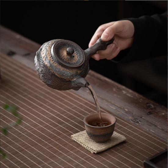 Ancient Early Burnt Lake Stone Side Handle Teapot Gilt Rust Glaze Teapot Single Pot Handmade Old Rock Clay Side Handle Teapot Coarse Pottery