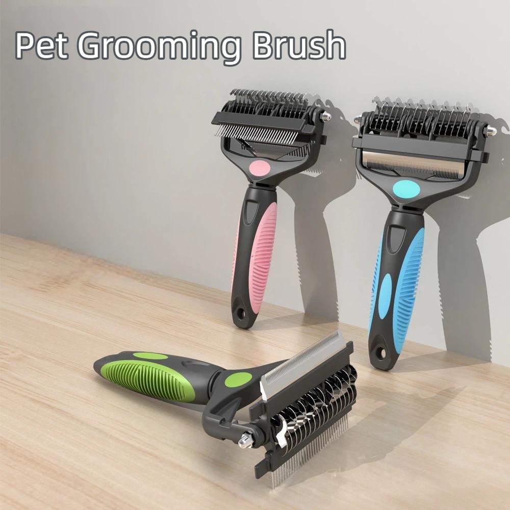 3 In 1 Pet Deshedding Brush Stainless Steel Blade Anti-slip Handle Pet Fur Knot Cutter Portable Pet Grooming Puppy Cat Comb