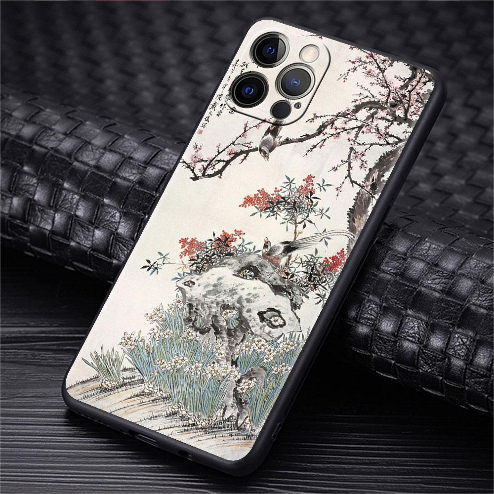 Funda Case For Apple iPhone 14 11 13 7 12 Pro 7 XR XS Max 8 Plus 6 14Pro 13Mini Black Soft Phone Coque Tiger Crane ART