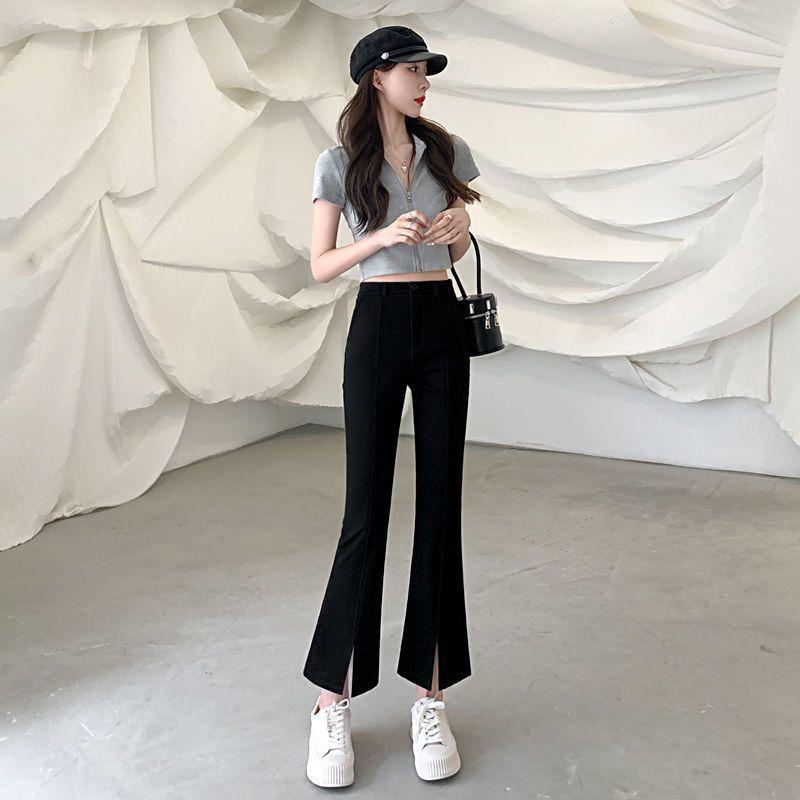 High Waist Split Micro Flared Black Cropped Suit Pants For Women