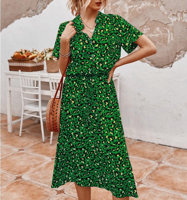 

Women s Leopard Print V-Neck Short Sleeve Dress with Drawstring Waist 3XL