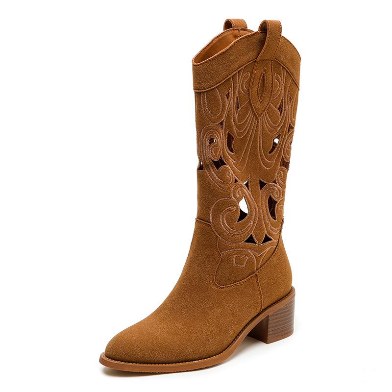 Western Cowboy Boots 2025 Spring and Autumn Thick Heel V-neck Embroidered Hole Knight Boots Retro Size Breathable Women's Boots
