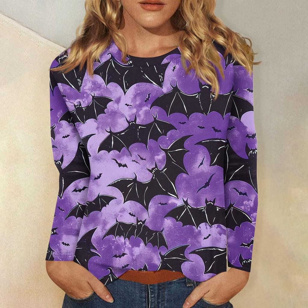 Fashionable 3D digital printed Halloween bat pattern women's round neck long sleeved T-shirt