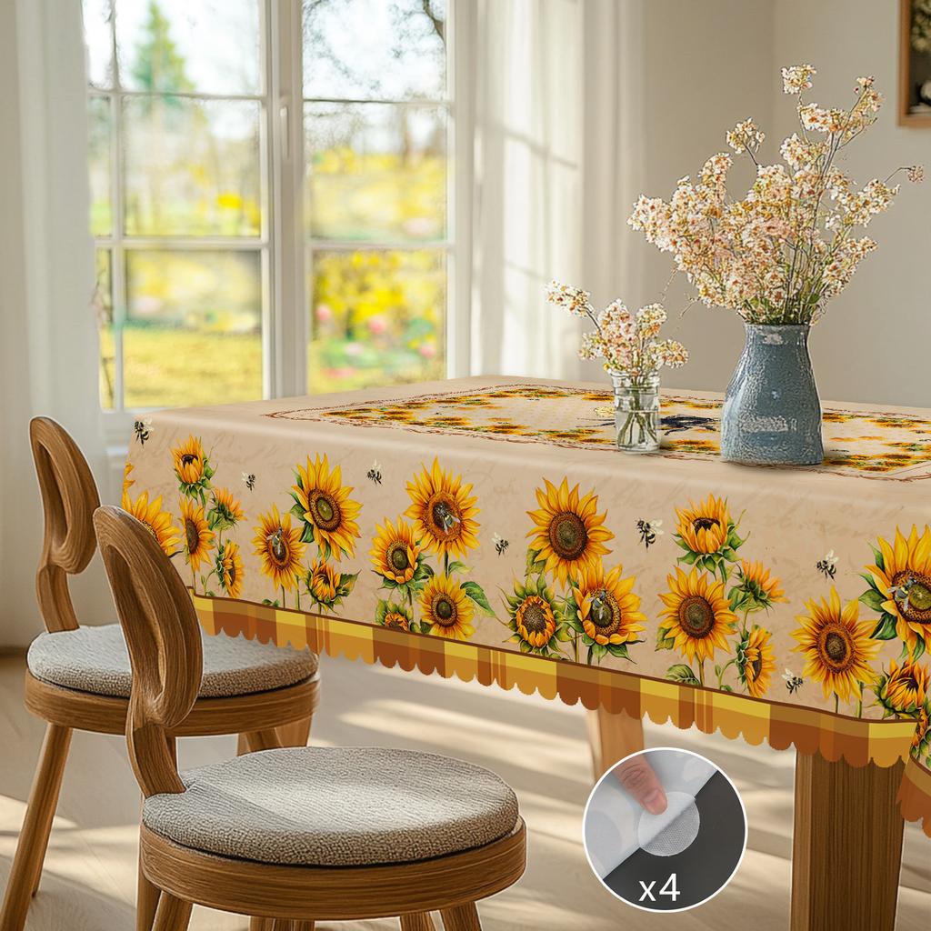 1 Piece Of Sunflower Bee Print Round Tablecloth, 5 Sizes Available, Square Tablecloth With Retro Sunflower Flower Print Design, Edge Embossing Process