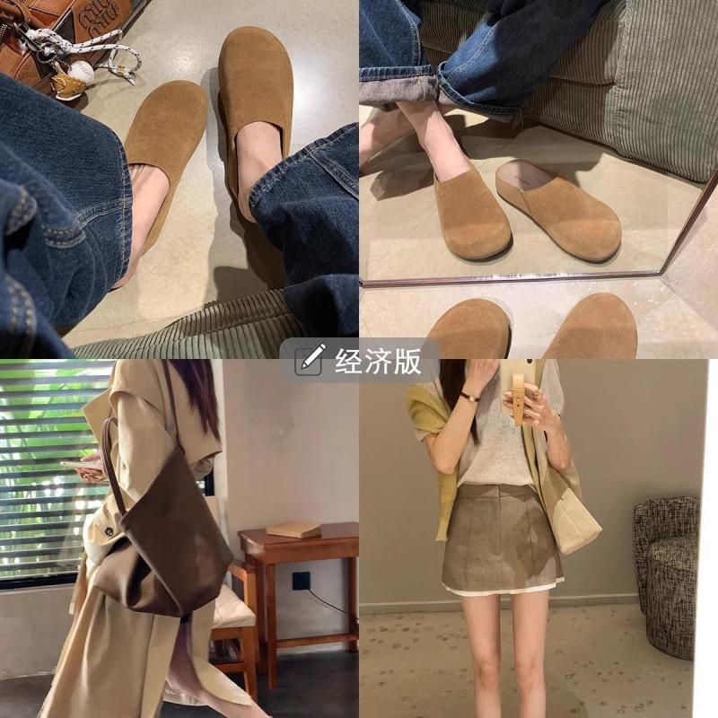 Autumn leather row wind soft face lazy one pedal thick-soled big head half slippers woman