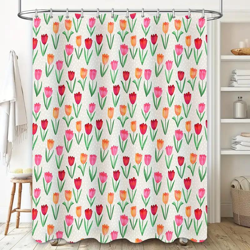Floral Shower Curtain Botanical Tulip Flowers Pattern Waterproof Bathroom Decor Vintage Rustic Farmhouse Aesthetic Home Textile