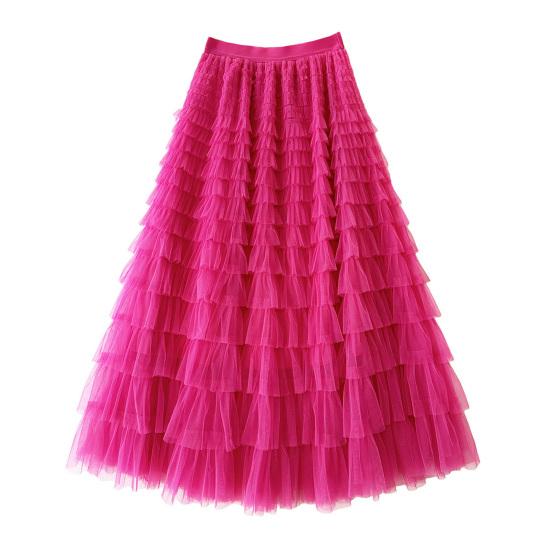 Cake Skirt Elastic High Waist A-Line Skirt Pure Color Multi Layer Ruffle Trim Mesh Hem Midi Skirt Work Leisure Wear