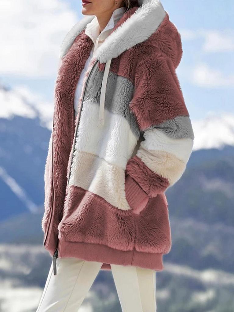 European & American Women's Loose Plush Spliced Hooded Cardigan - Casual Autumn/Winter Coat