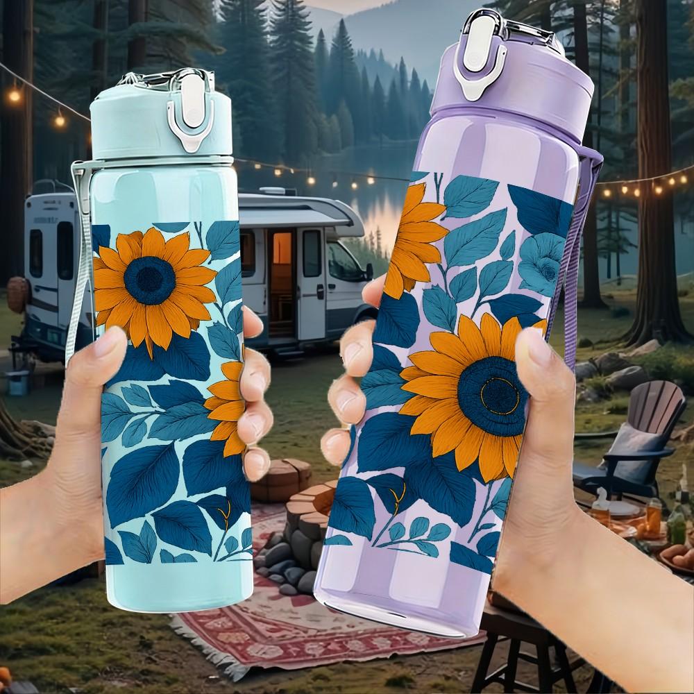 1PC Mosaic Sunflower Floral 750ml Color Plastic Sports Water Bottle Leakproof Flip Straw Lid Suitable for Sports Office Home Use