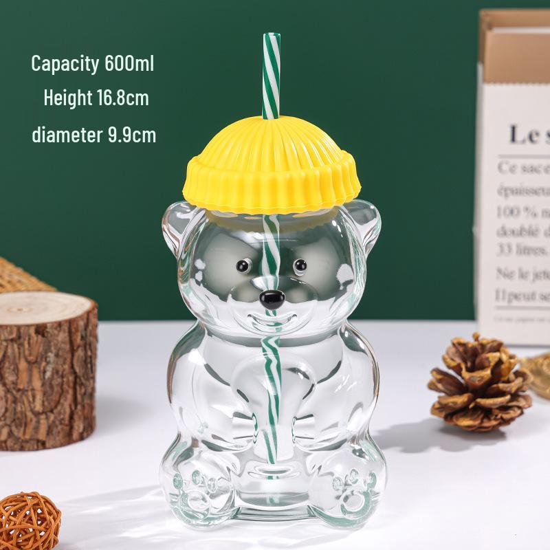 Cartoon-Bären-Glasbecher mit Strohhalm | Kreatives Teddybär-Design