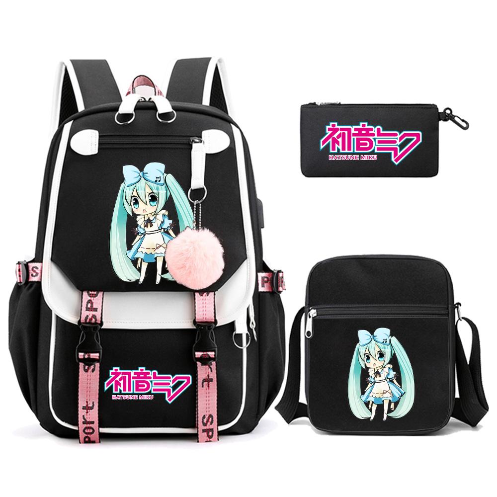 3ks/sada Anime Kreslený Batoh s Potiskem Hatsune Miku s Taškou přes Rameno pro Teenagera Studenta Dívku Chlapce Velkokapacitní Voděodolný Školní Batoh Mochila