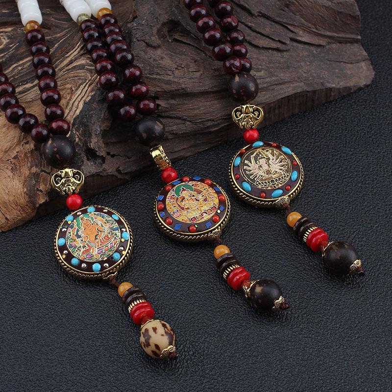 Handmade Nepal Buddhist Mala Bead Pendant Necklace Ethnic Wooden Jewelry Gifts for Women