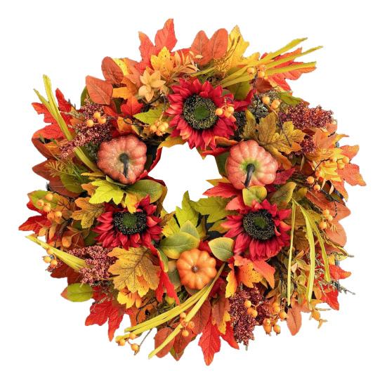 18 Inch Fall Wreath for Front Door Large Autumn Wreath with Artificial Pumpkins Sunflowers Maple Leaves for Thanksgiving Harvest Farmhouse Porch Wall