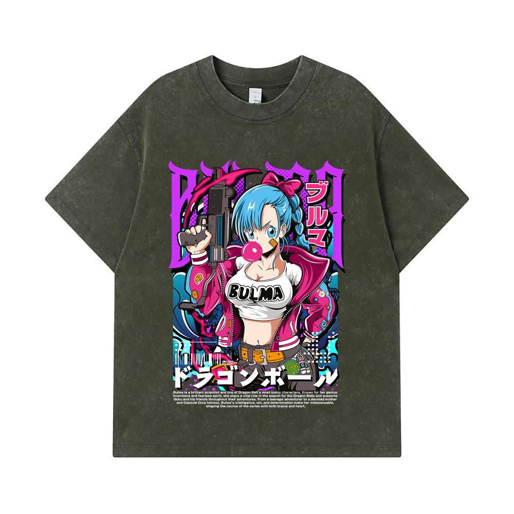

275 GSM Washed T-shirts 100% Cotton Dragon Ball V66 Bulma Print Unisex Heavy Cotton T Shirt S армия зеленый
