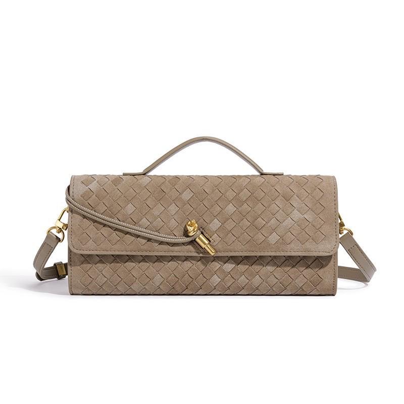 Handmade Woven Retro Soft Leather Accordion Baguette Bag - Solid Color Shoulder Handbag
