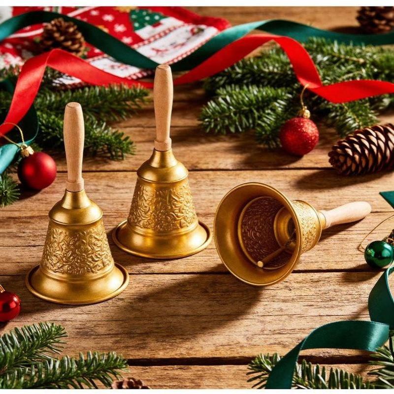 Christmas Iron Hand Bell Red Gold Embossed Pattern Wooden Handle for Holiday Gift Giving Restaurant Call Bell