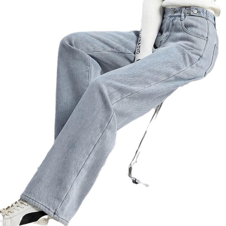 Light Color Plus Velvet Thickened Straight Jeans for Women In Winter New Retro High Waist Loose Flesh Covering and Wide-leg Pants