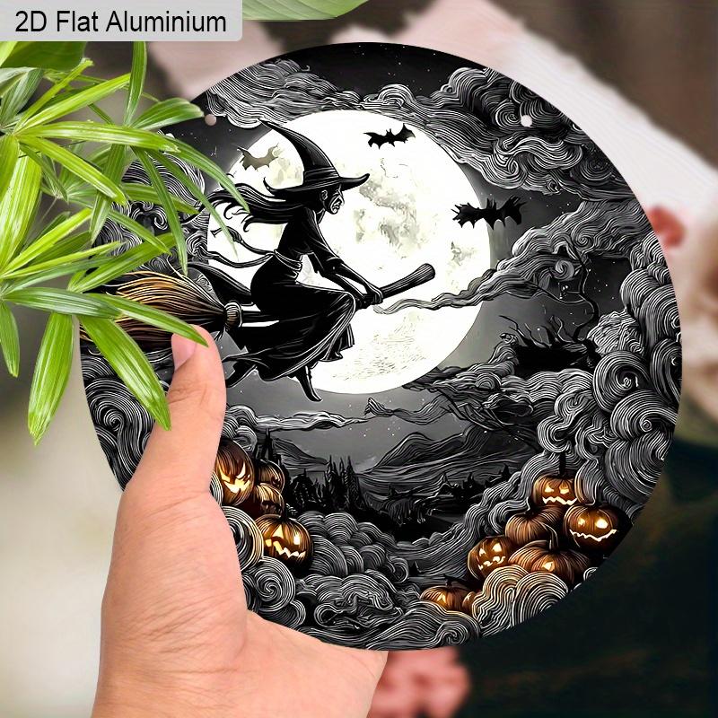 2D Flat Aluminium Halloween Sign with Flying Demon Witch Pattern - Halloween Figurine Ornaments - Ideal for Front Door, Wall, Porch, Window Decor