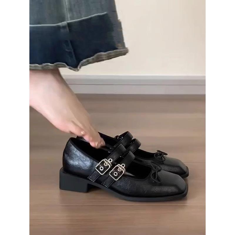 Blue Cabinet~ Retro thick heel black Mary Jane shoes women's spring light mouth small leather shoes double breasted with thick heel single shoes