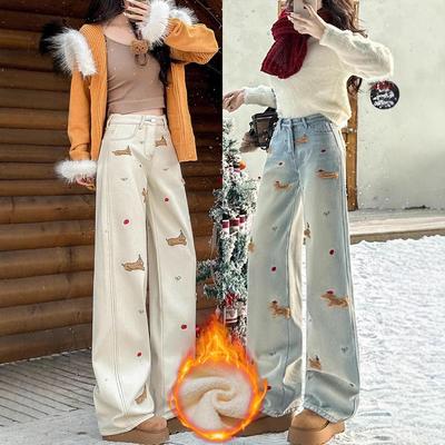 Damen Trendige High-Waist Bestickte Samt Wide-Leg Jeans für Winter 2025